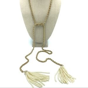 Goldtone Rope Pearl Tassel Tie Necklace